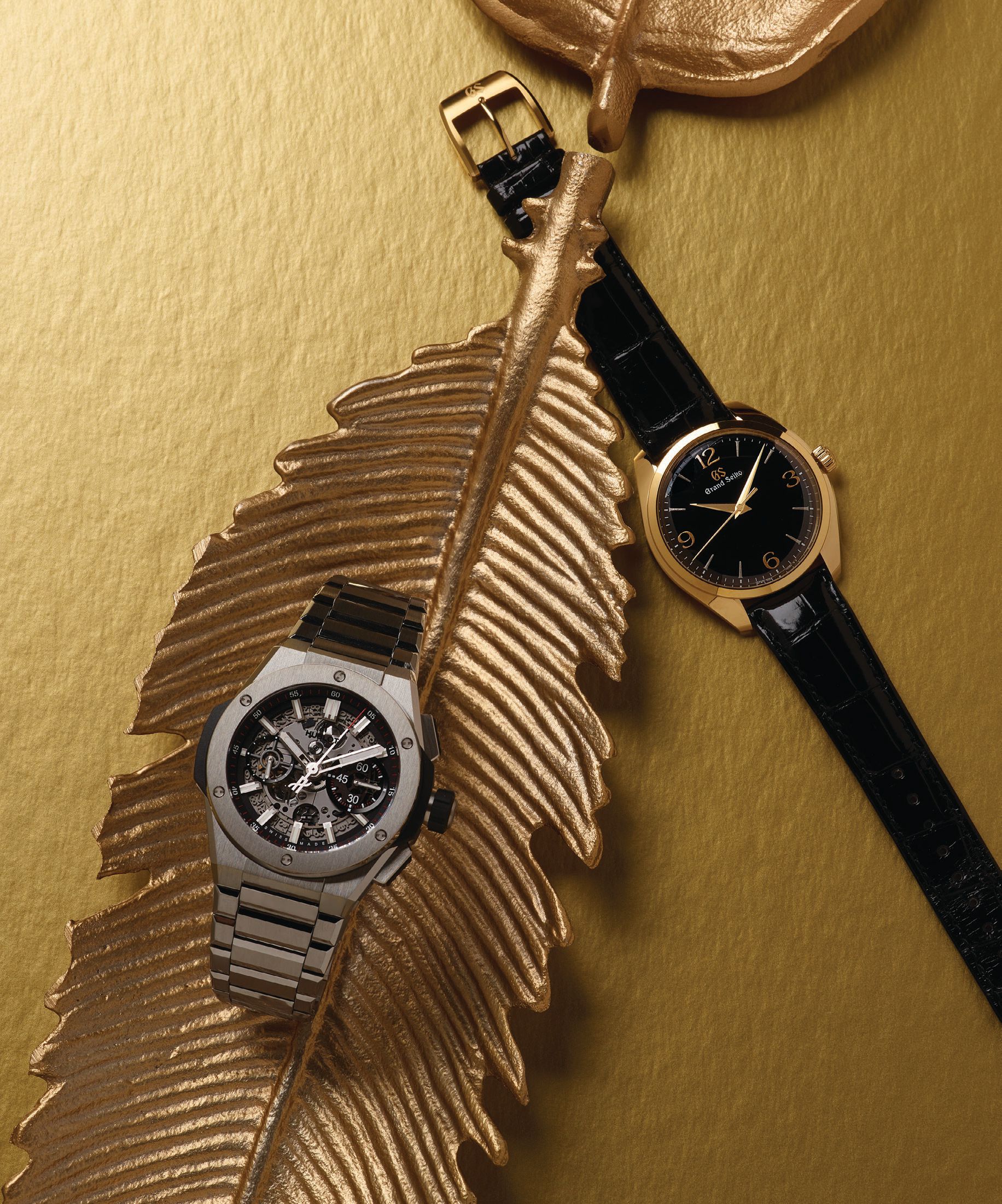 From left: Hublot Big Bang Integral titanium timepiece, hublot.com; Grand Seiko Elegance SBGW262 timepiece, grand-seiko.com.