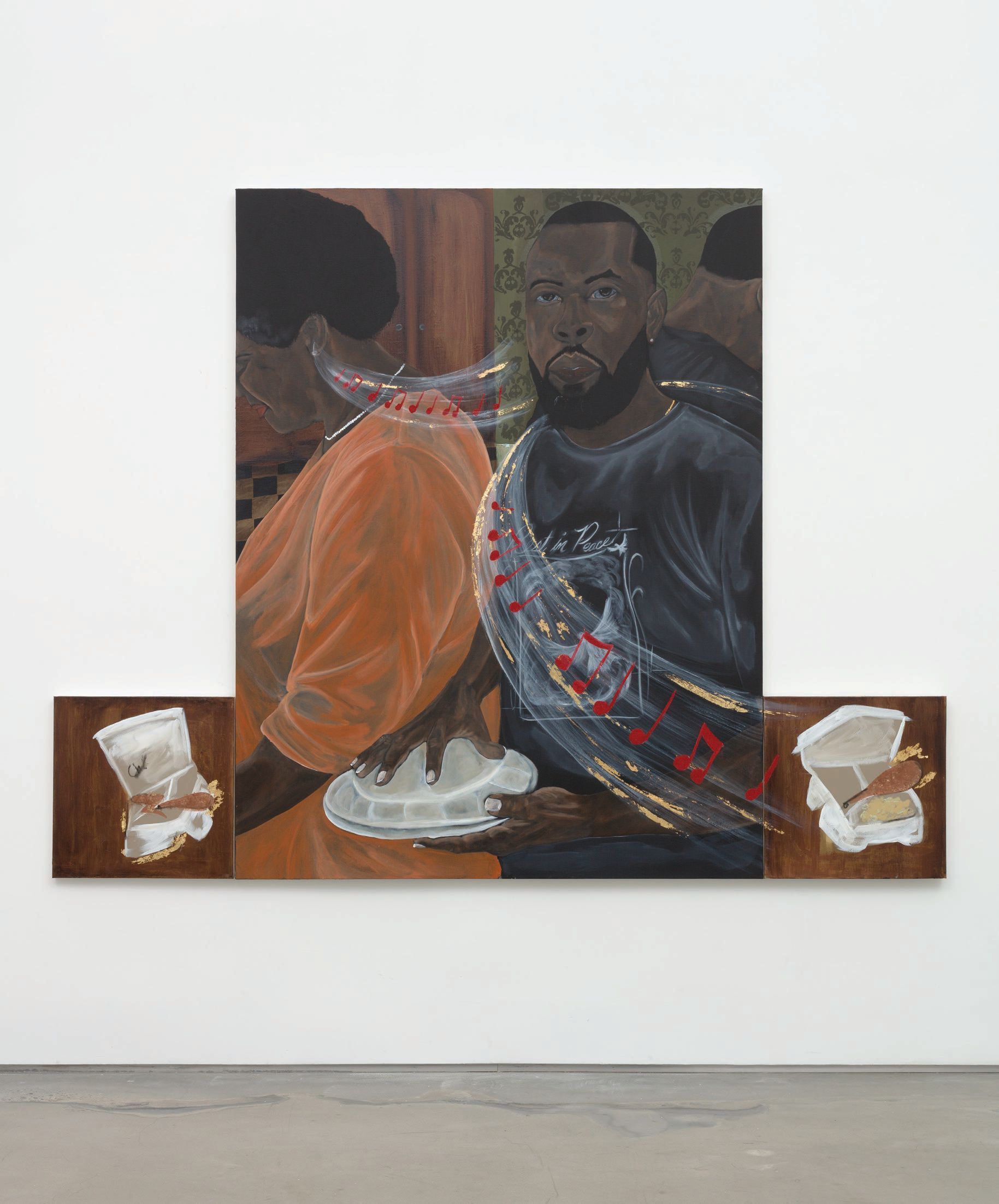 Jammie Holmes, “Hymns and Potato Salad” (2023, acrylic, gold leaf and glitter on canvas), 76 inches by 98 1/2 inches. PHOTO BY LANCE BREWER/COURTESY OF THE ARTIST AND MARIANNE BOESKY GALLERY, NEW YORK AND ASPEN. © JAMMIE HOLMES