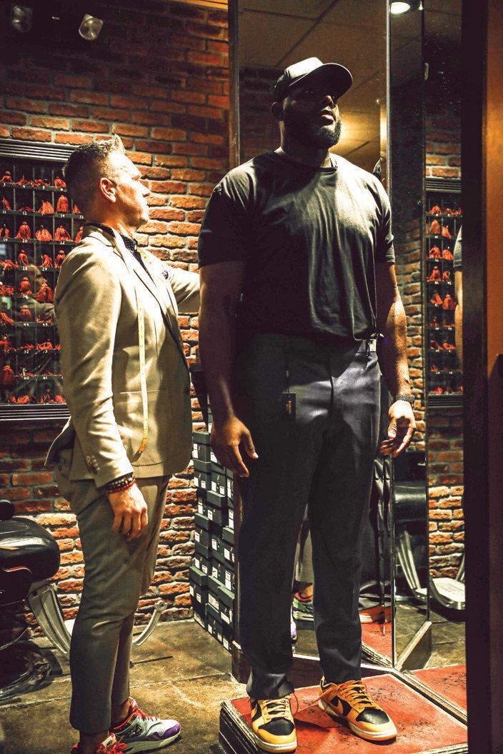 The NFL player getting fitted at Stitched Las Vegas. BY CARL HARRIS/COURTESY OF ROC NATION SPORTS