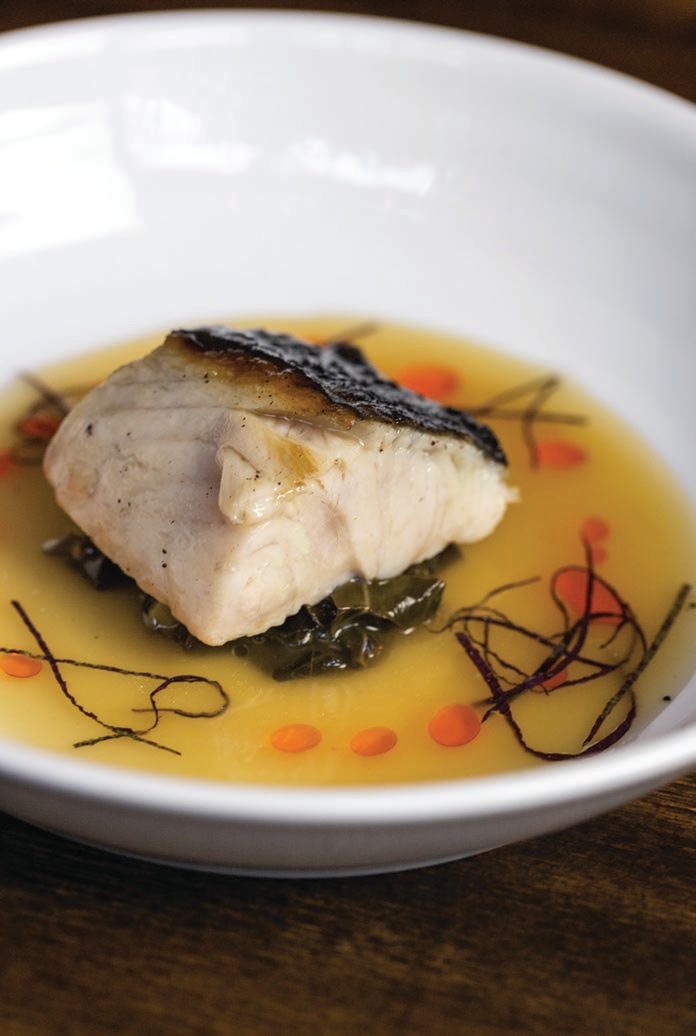 Grilled sawara with collard greens and ham hock consomme.  Photographed by Natalie Black