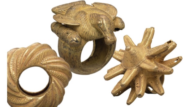 A trio of Akan chief’s gold rings, 1900/1950 RING PHOTO BY SEPIA TIMES/UNIVERSAL IMAGES GROUP VIA GETTY IMAGES