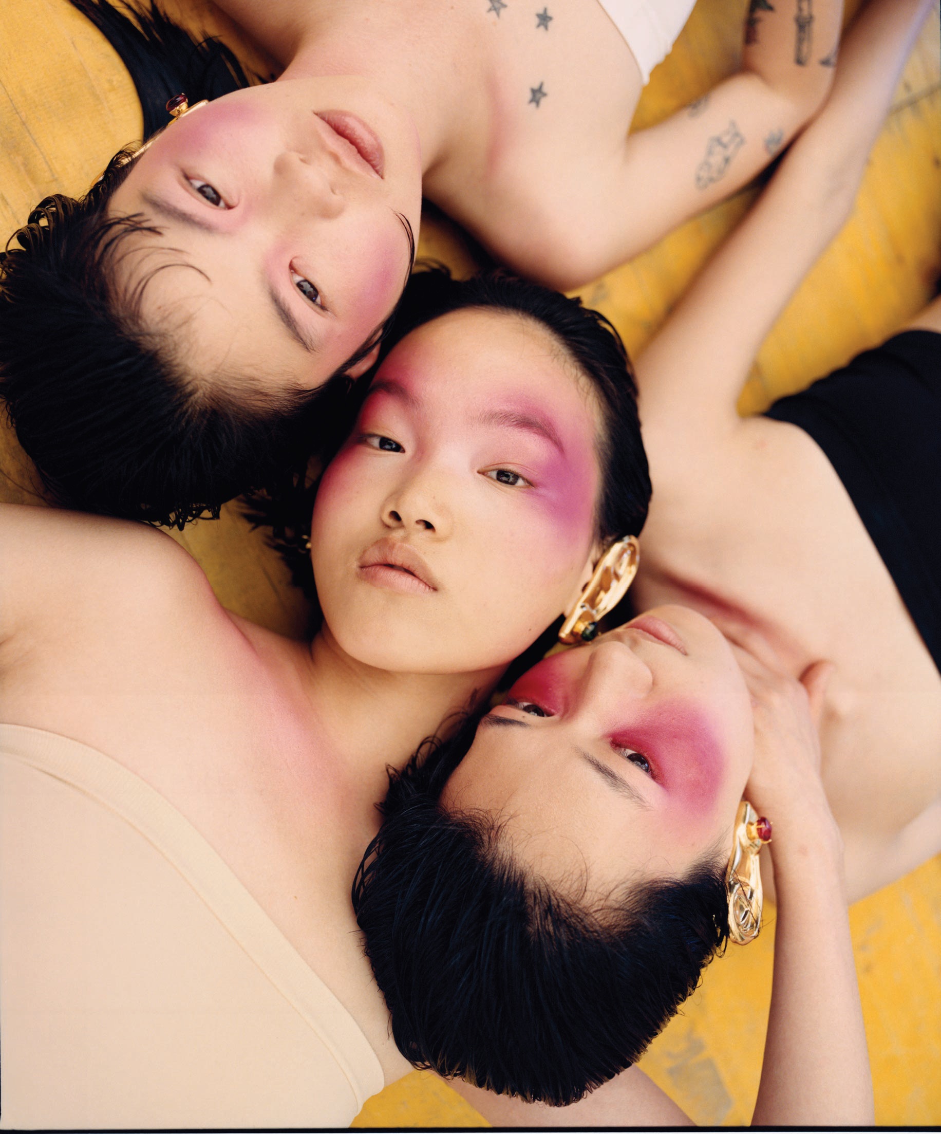 From top: Models Manami Kinoshita, Pan Haowen and Luna Wu pose for China’s Rouge Fashion Book in September 2019. Photographed by Nadine Ijewere