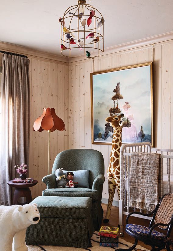 To provide a rustic—but not too rustic—look in George’s nursery, Stein lined the walls with pine planks in random widths Photographed By Sam Frost