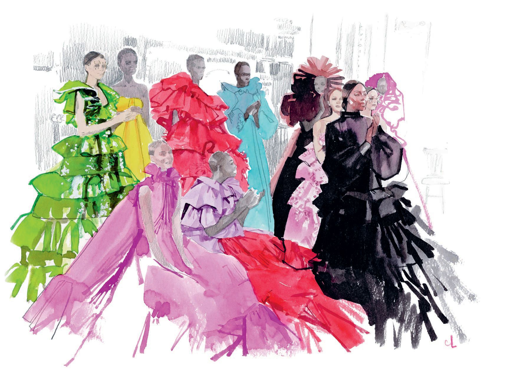 An illustration from the Valentino spring 2019 haute couture runway
show PHOTO COURTESY OF RIZZOLI AND FLAMMARION