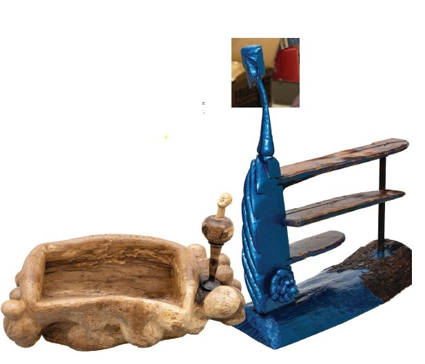 From left: Emmanuel Louisnord Desir, “Grandpa’s Infirmity Couch” (2022); Emmanuel Louisnord Desir, “Feel’n Blue” (2021). PHOTOS COURTESY OF THE ARTIST AND 47 CANAL, NEW YORK